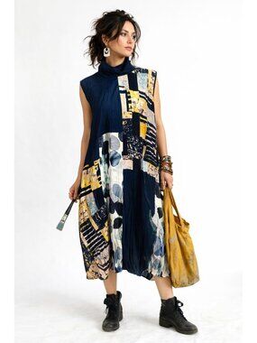 Shana Abstract Patchwork Sleeveless Broomstick Dress Mix Print Artsy Womens L